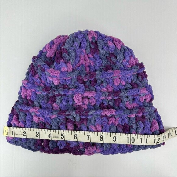 Handmade New Purple Pink Chunky Chenille Slouchy Winter Knit Beanie Large - Picture 11 of 11